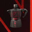 Bialetti Stranger Things Moka Express 3 Cup stovetop coffee maker featuring red and black Hawkins design