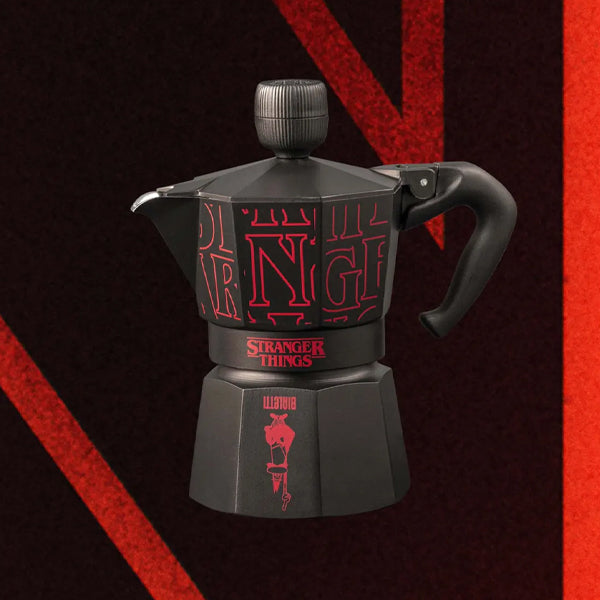 Bialetti Stranger Things Moka Express 3 Cup stovetop coffee maker featuring red and black Hawkins design