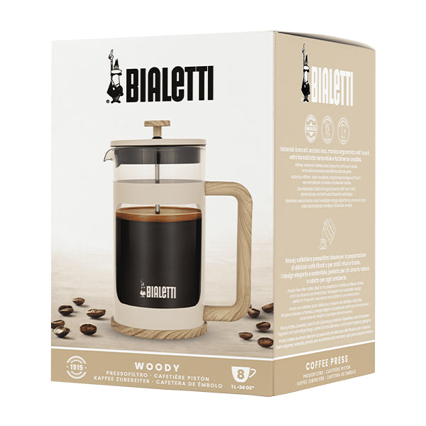 Bialetti Cream Woody Coffee Press 1L with heat resistant glass and stylish wood look handle