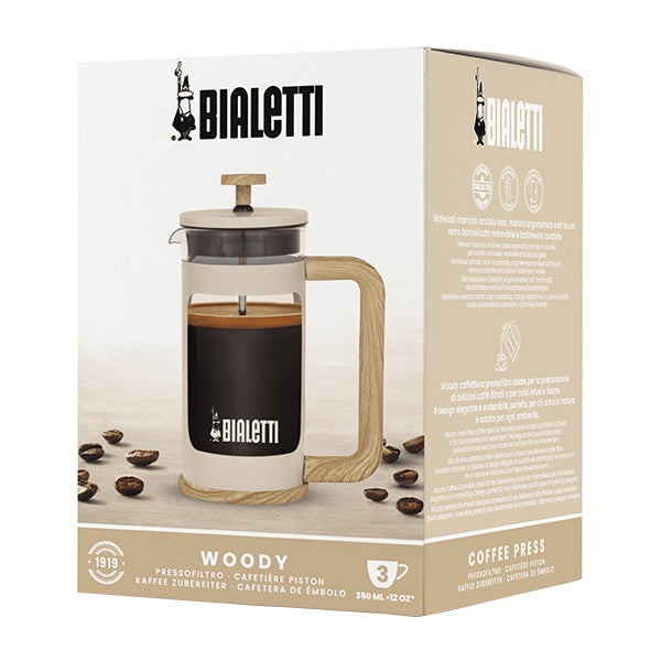 Bialetti Cream Woody Coffee Press 350ml with durable glass body and wood look handle