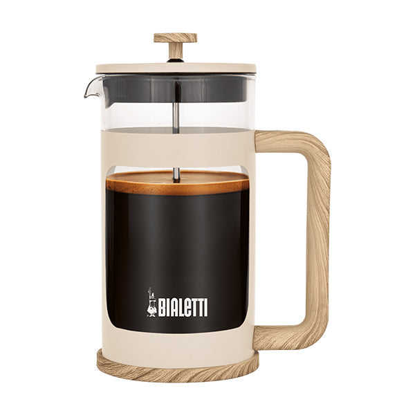 Bialetti Woody Coffee Press Cream 1L featuring wooden handle and sturdy heatproof glass
