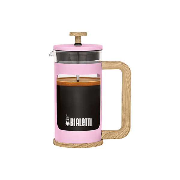 Bialetti Woody Coffee Press Pink 350ml with elegant wood look handle and heat resistant glass