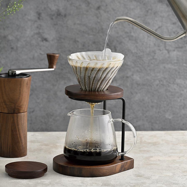 Hario Pourover Drip Stand Set in Walnut Wood Finish with Heatproof Glass Server, 600ml