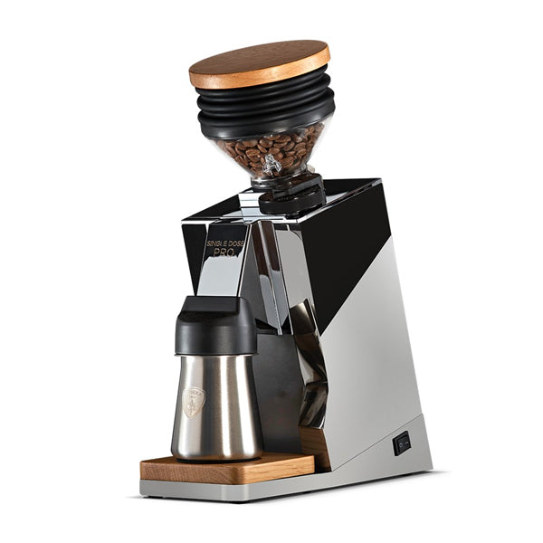 Chrome Eureka Mignon Single Dose Pro Grinder with 65mm burrs and large stepless king dial for precision grinding.