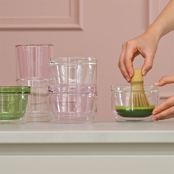 Hario Matcha Collection Set in Clear Glass, includes whisk, wooden spoon & sifter