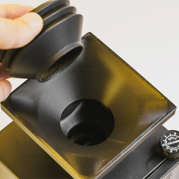 Introvert Eureka Single Dose Hopper and Bellows Black silicone set designed to improve grind consistency and reduce retention