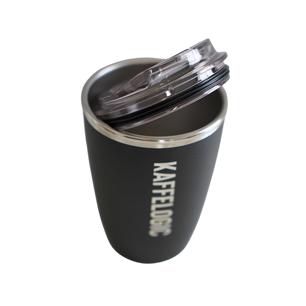 Kaffelogic Bullet Cup black reusable coffee keep cup with stainless steel lining and clear lid