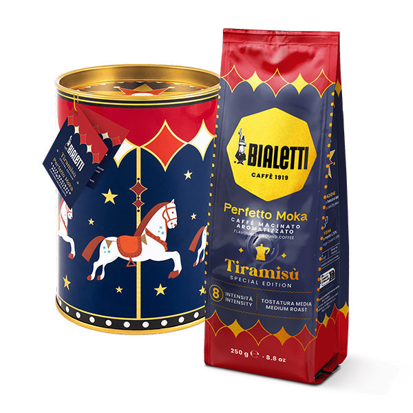 Bialetti Magico Ricordo Gift Tin with Perfetto Moka Tiramisu Ground Coffee 250g