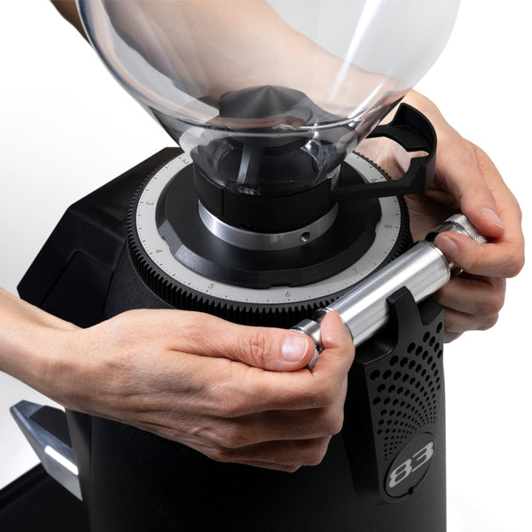 Macap Supra Black 83 professional espresso grinder with 83mm flat burrs for high output café grinding