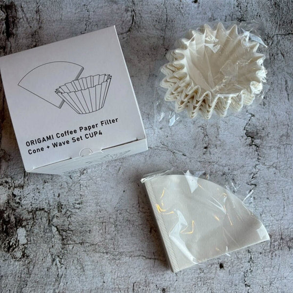 Origami paper filter set for pour over coffee brewing with Origami dripper filters