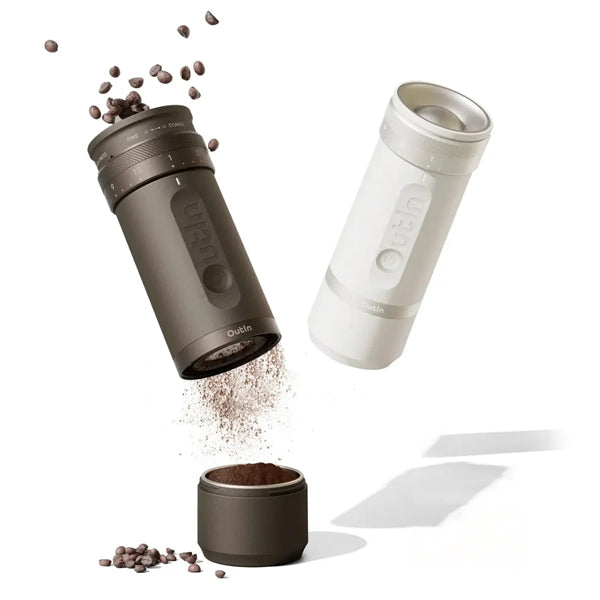 OutIn Fino Portable Electric Coffee Grinder in White Finish with Stainless Steel Burrs