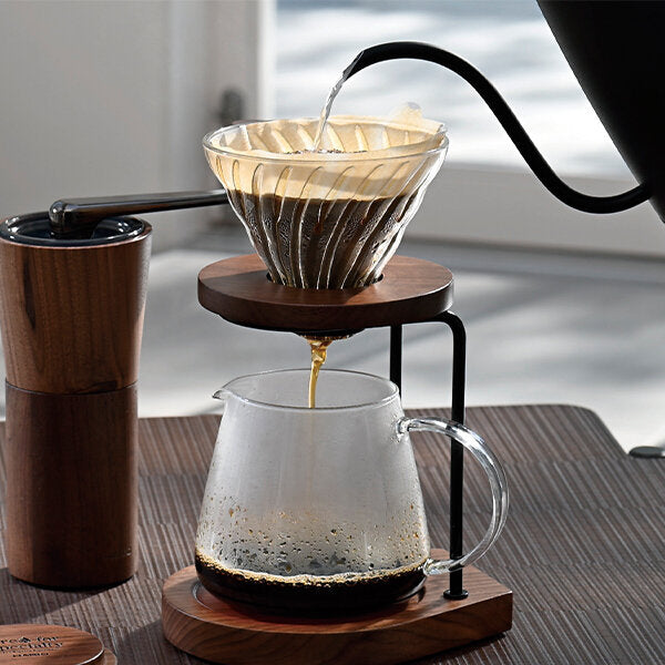 Hario V60 Glass Coffee Dripper with Walnut Wood Base, Size 02