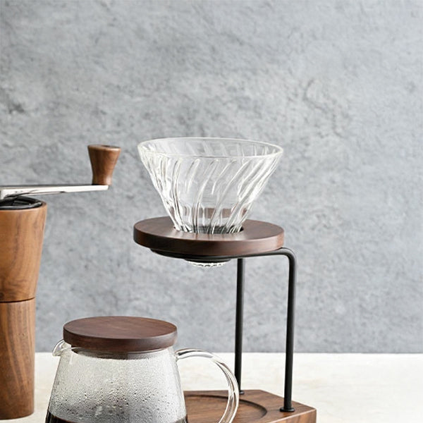 Hario V60 Glass Coffee Dripper with Walnut Wood Base, Size 02