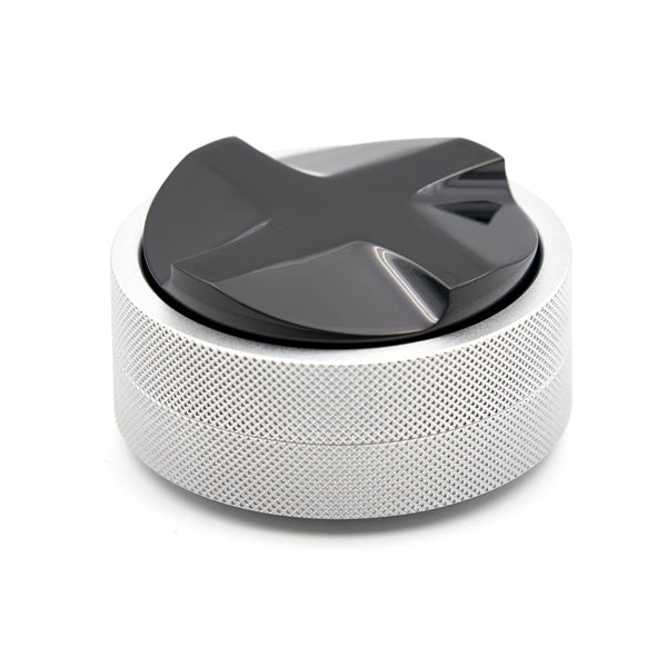 Underneath silver Nucleus coffee distribution tool