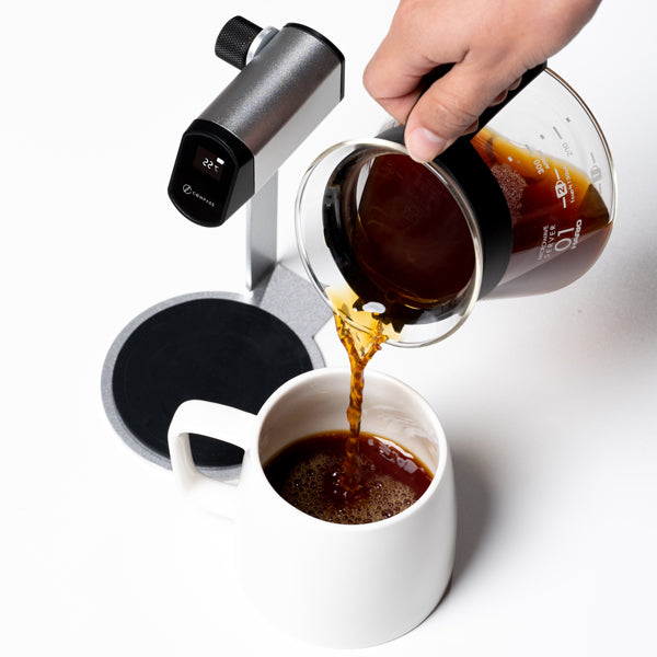 pouring coffee when ready from the Nucleus Compass Beverage Thermometer